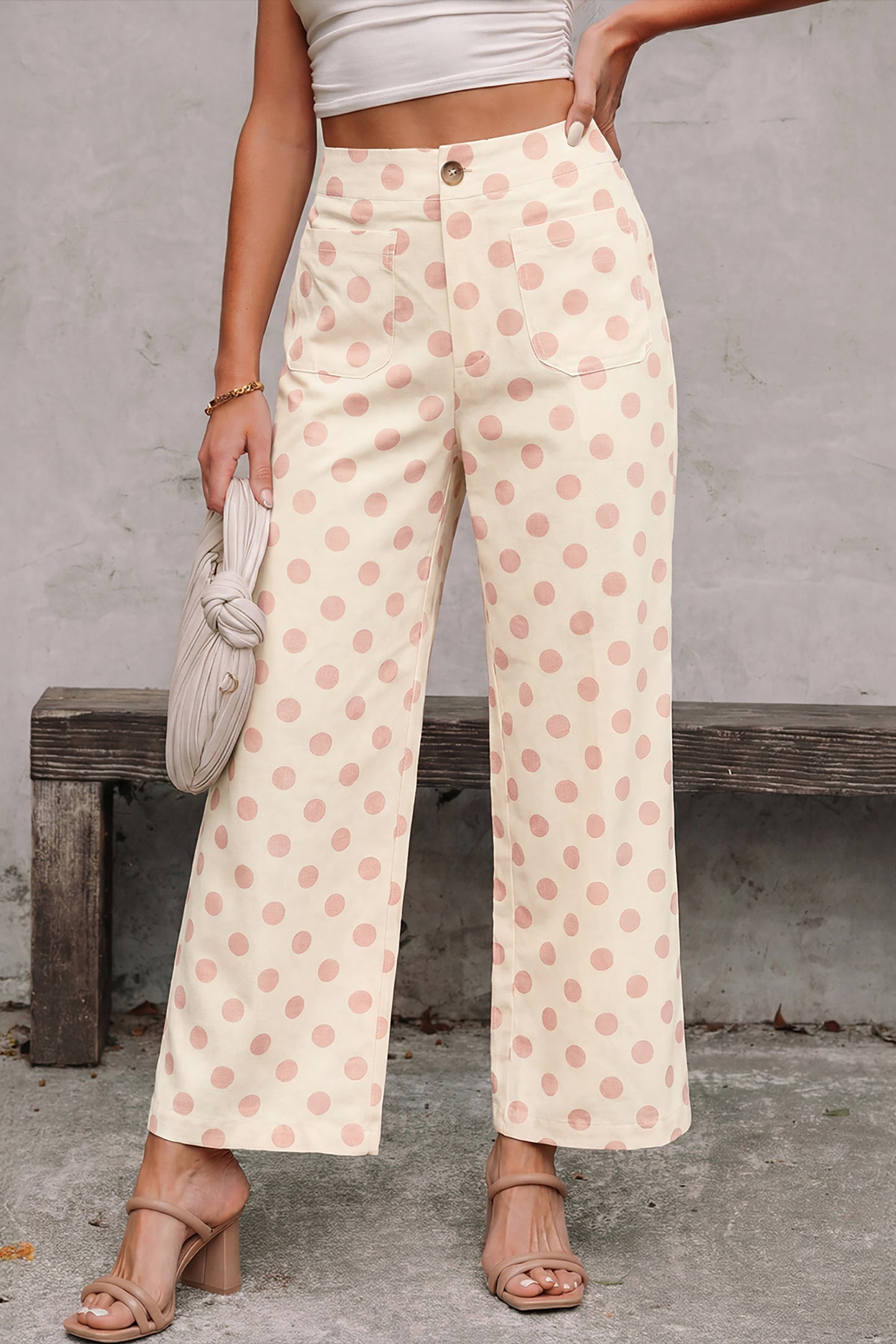 Polka Dot Print Patched Pocket Mid-rise Straight Leg Pants- 4 COLOR OPTIONS