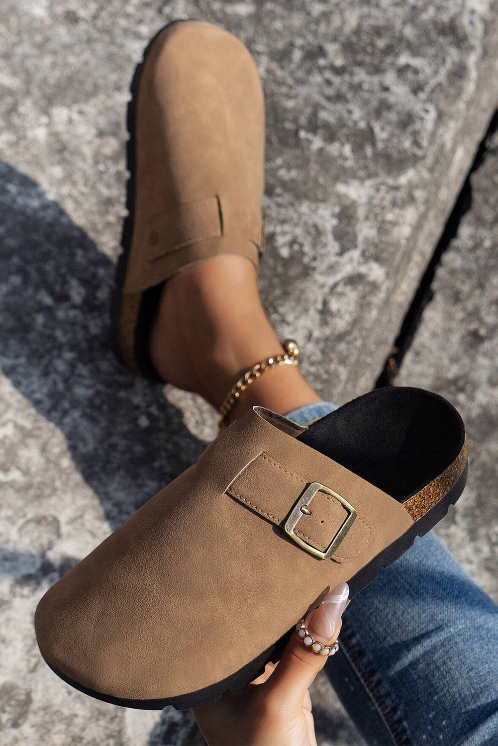 Light French Beige Faux Suede Retro Buckle Round Toe Mule Slippers