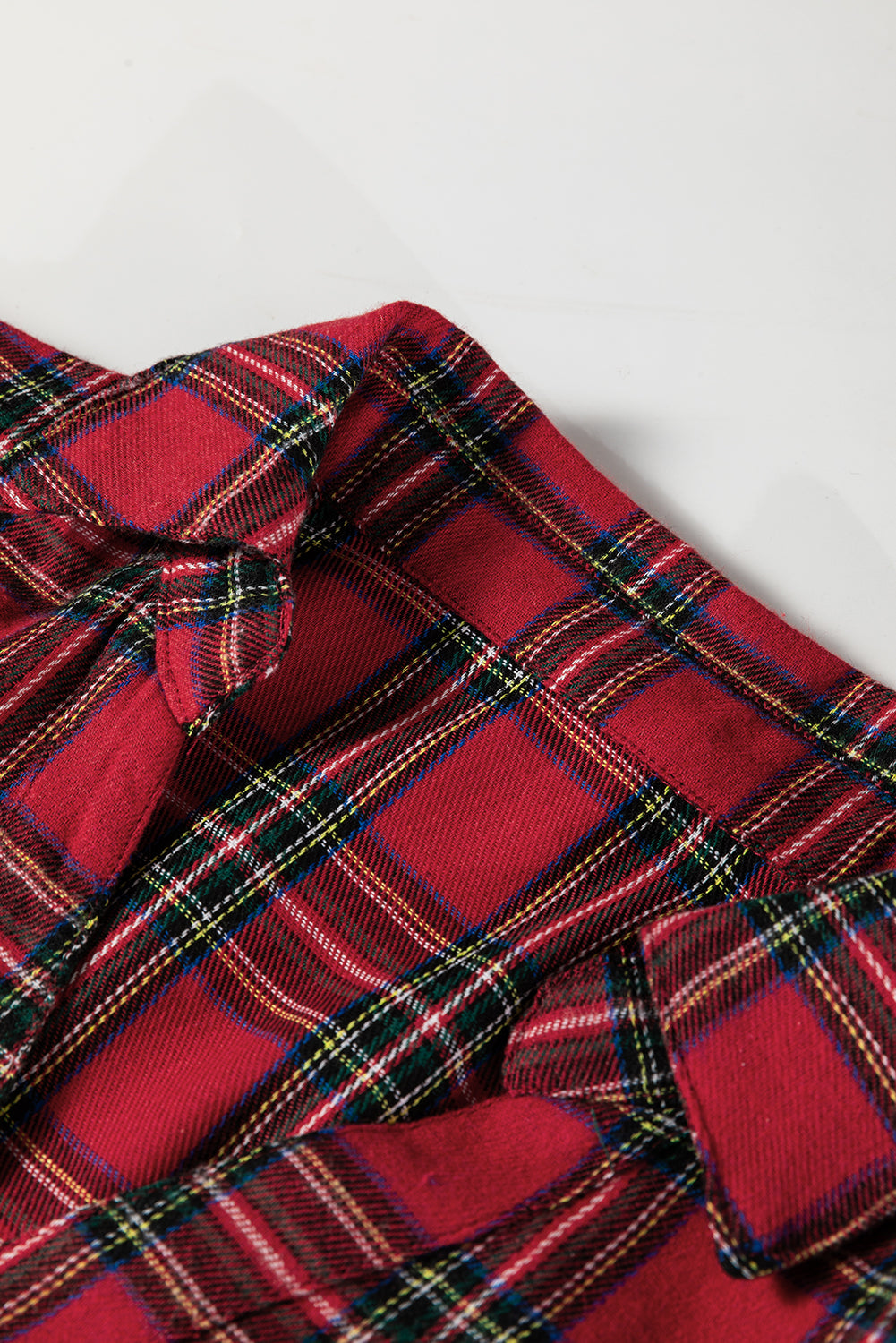 WAREHOUSE SALE -Red Plaid Shirt Collar Half Button Ruffle Hem Long Sleeve Mini Dress