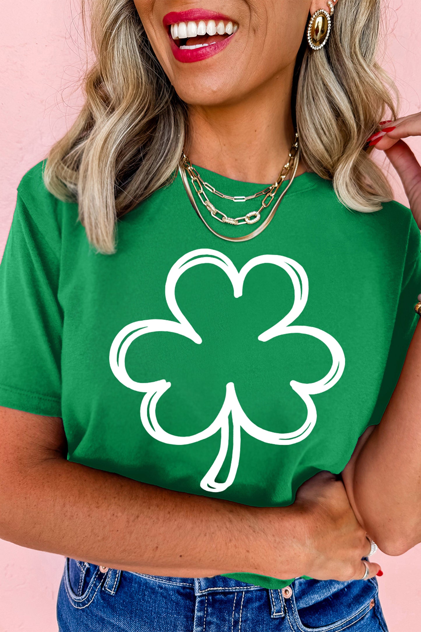 Bright Green St Patricks Day Lucky Shamrock Printed Casual Tee