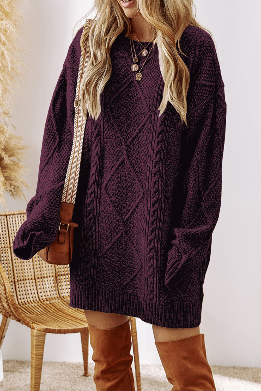 Cable Knit Drop Shoulder Loose Fit Sweater Dress -2 COLOR OPTIONS