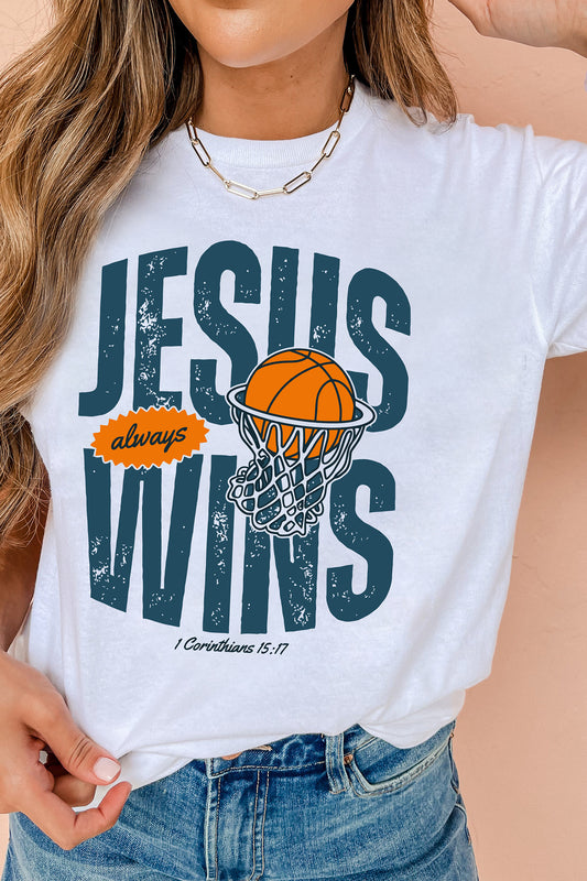 White JESUS WINS Retro Basketball Printed Tee