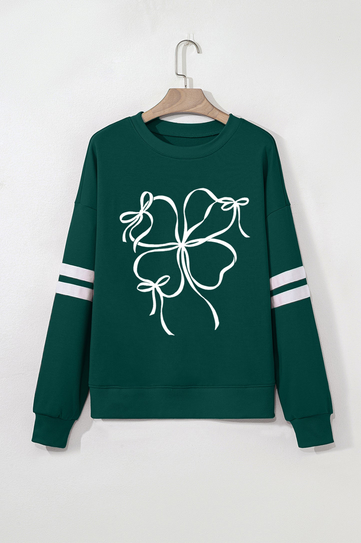Evergreen Ribbon Bow Lucky Clover Varsity Striped Sleeve Casual Sweatshirt