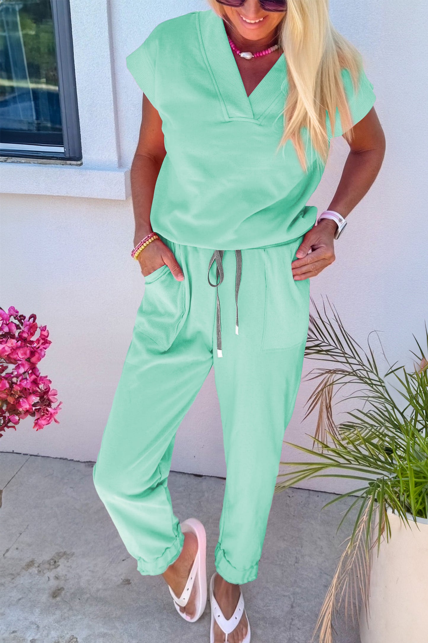Solid Color V Neck Tee Drawstring Pant Set -3 COLOR OPTIONS