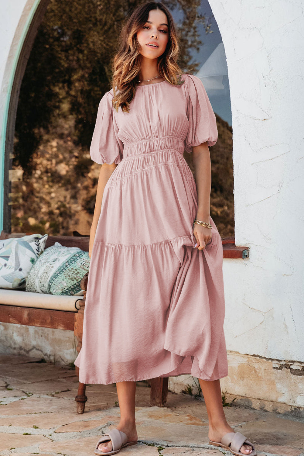 Puff Sleeve High Waist Flowy Midi Dress -2 COLOR OPTIONS