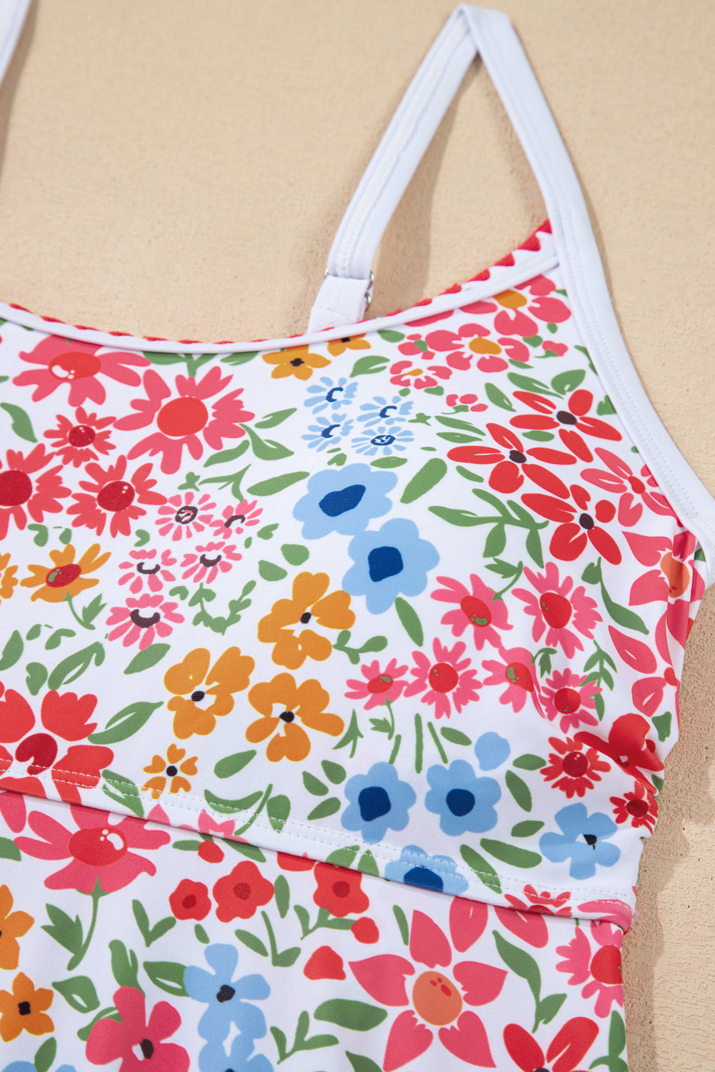 Floral Print Ricrac Trim Spaghetti Strap One Piece Swim Dress -2 COLOR OPTIONS