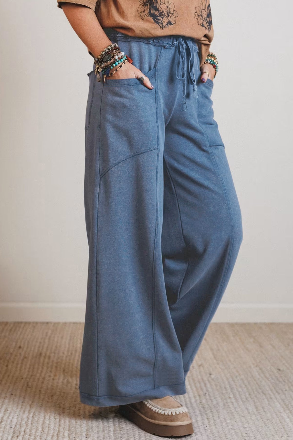 Mineral Wash Drawstring Retro High Waist Wide Leg Western Pants -2 COLOR OPTIONS