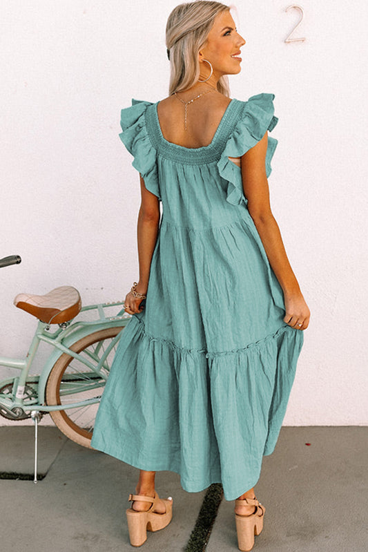 Green Ruffled Flutter Sleeve Square Neck Textured Tiered Maxi Dress