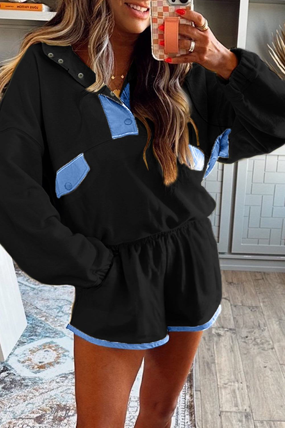 Colorblock Patchwork Half Button Pullover and Shorts Outfit- 4 COLOR OPTIONS