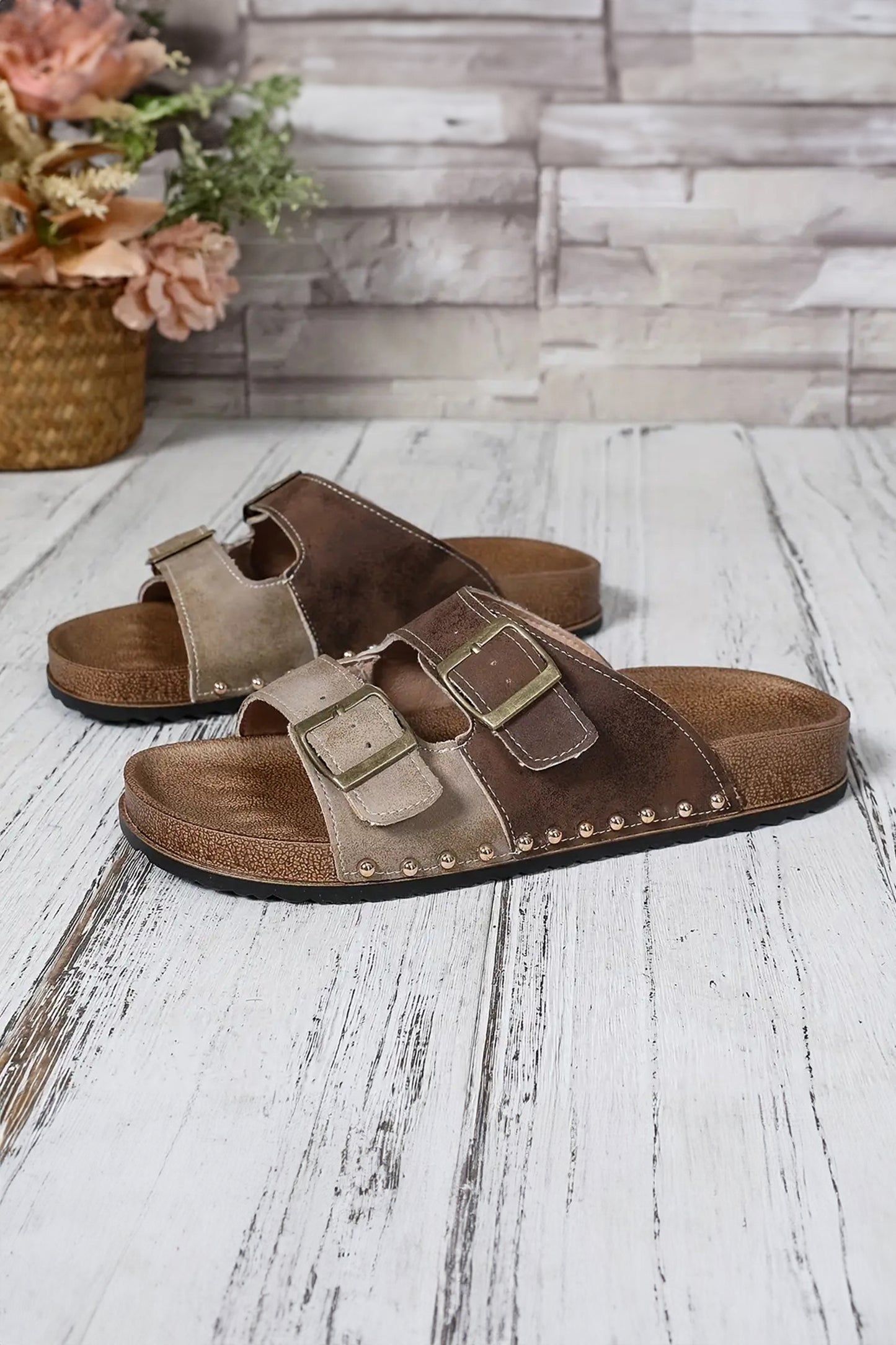 Two-tone Retro Buckle Straps Hollowed Faux Suede Slippers -2 COLOR OPTIONS