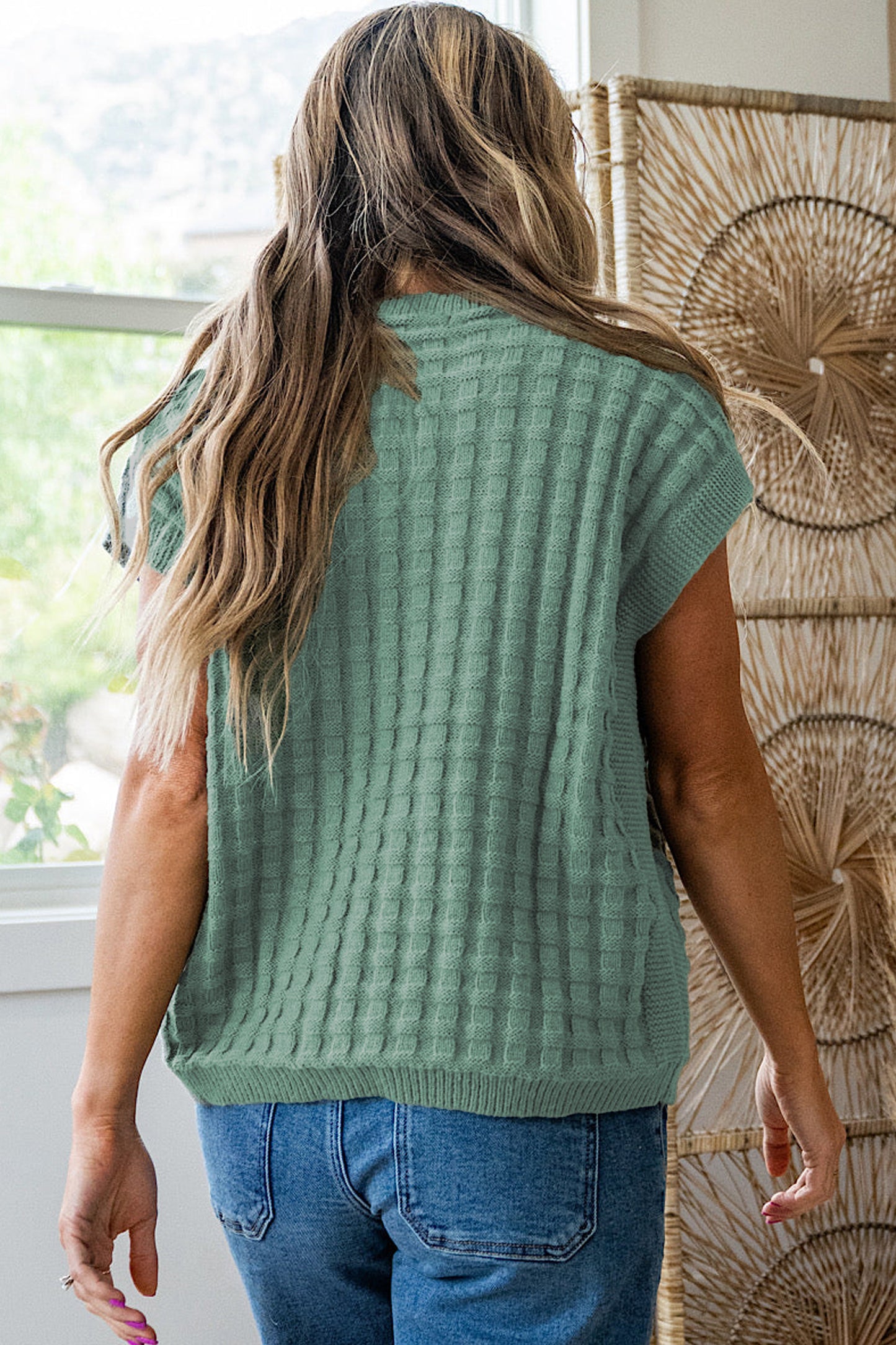 PLUS SIZE-Mist Green Solid Color Textured Knit Short Sleeve Sweater