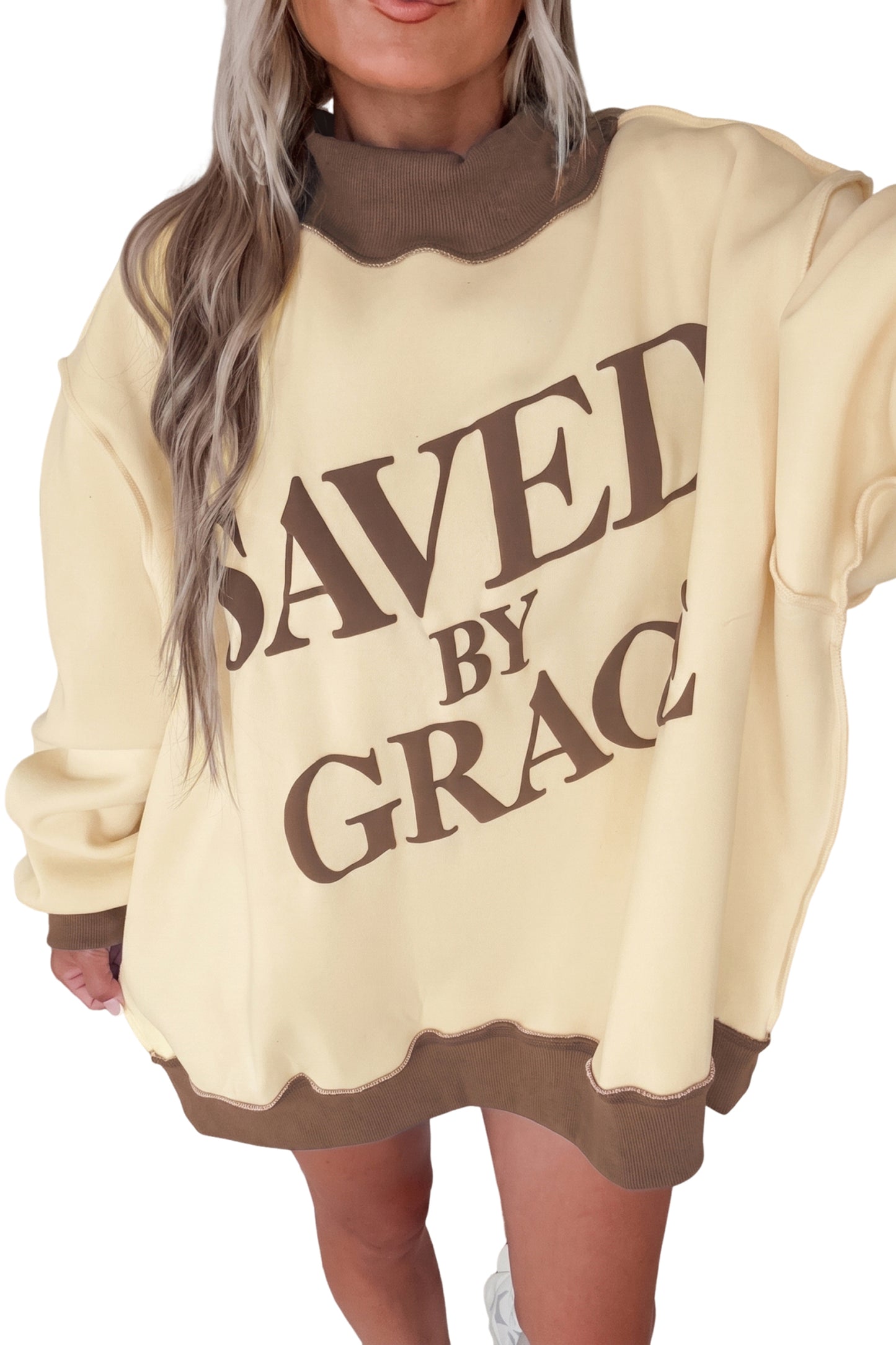 Saved By Grace Print Color Block Mock Neck Oversized Sweatshirt -2 COLOR OPTIONS
