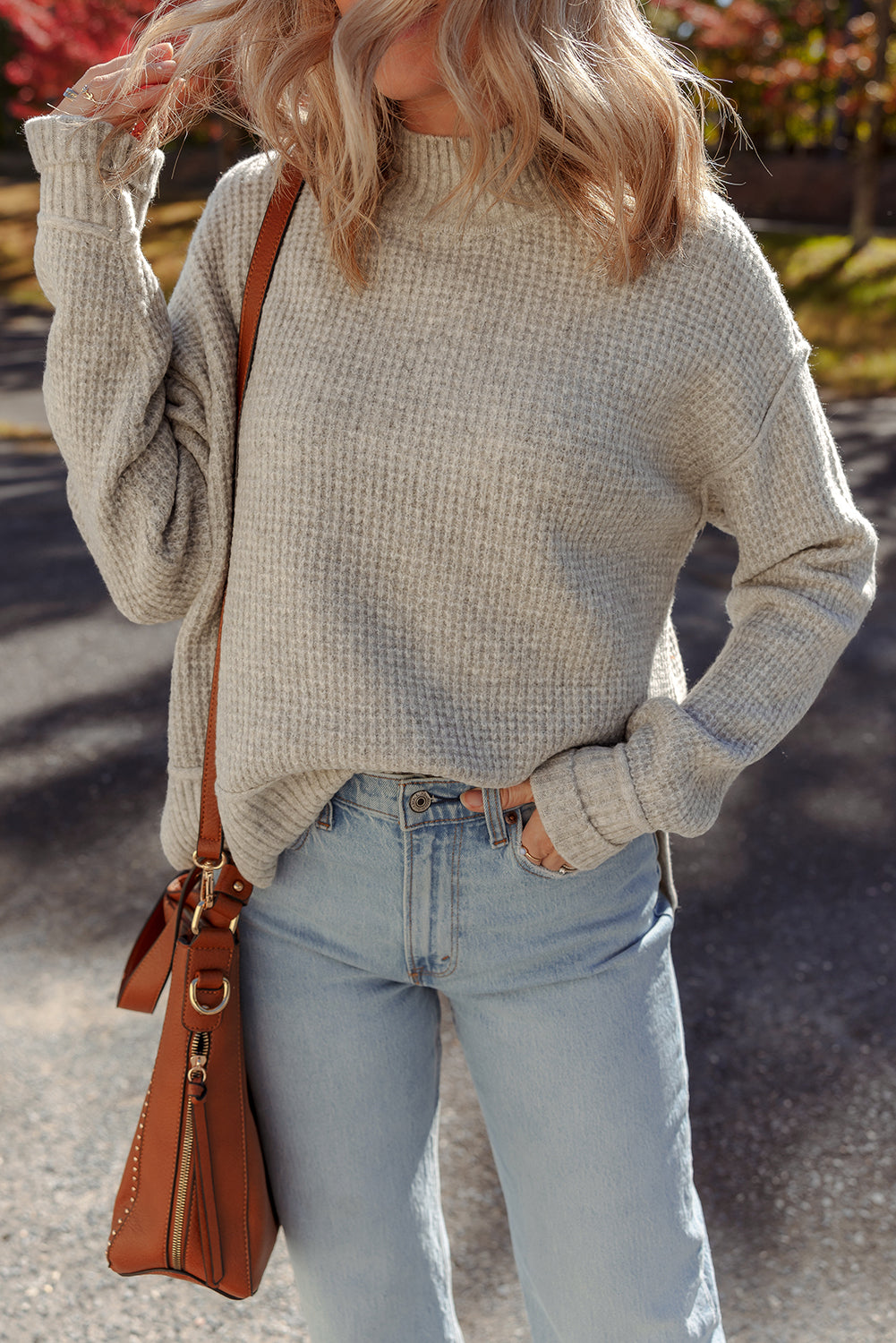 WAREHOUSE SALE -Gray Morn Waffle Knit Ribbed High Neck Drop Shoulder Sweater