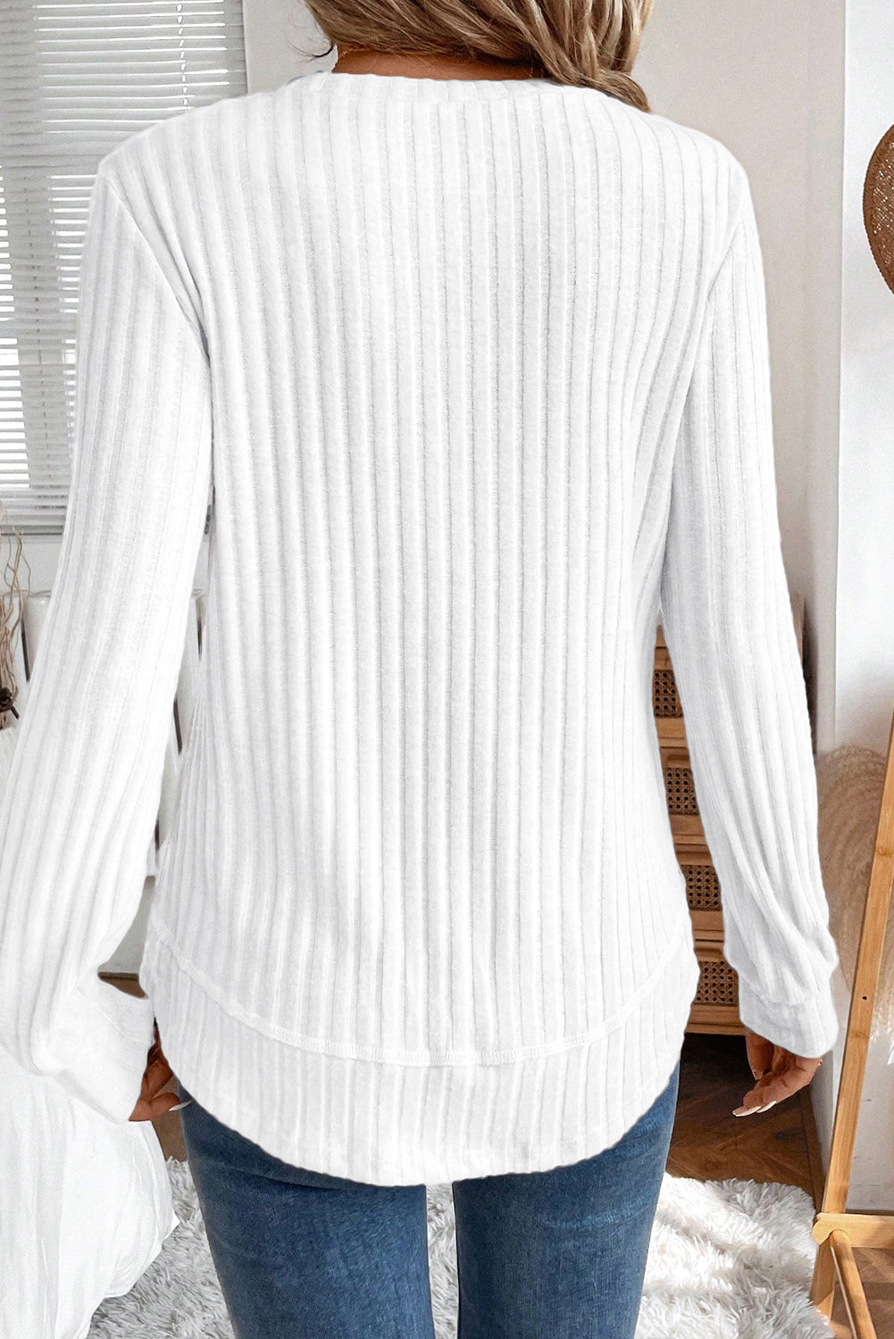 Ribbed Texture Round Neck Long Sleeve Rounded Hem Top -3 COLOR OPTIONS
