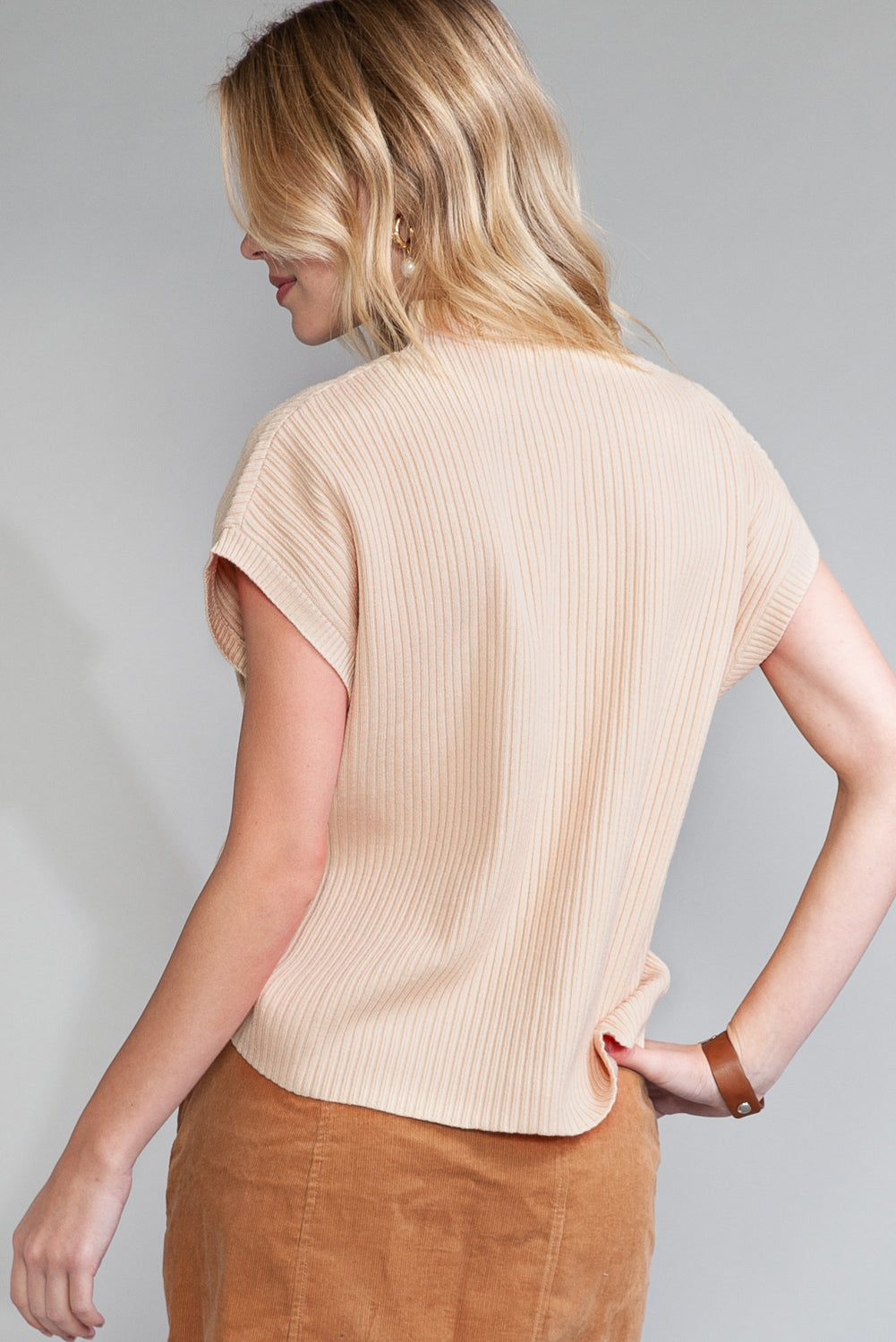 Patch Pocket Ribbed Knit Short Sleeve Sweater - 8 COLOR OPTIONS