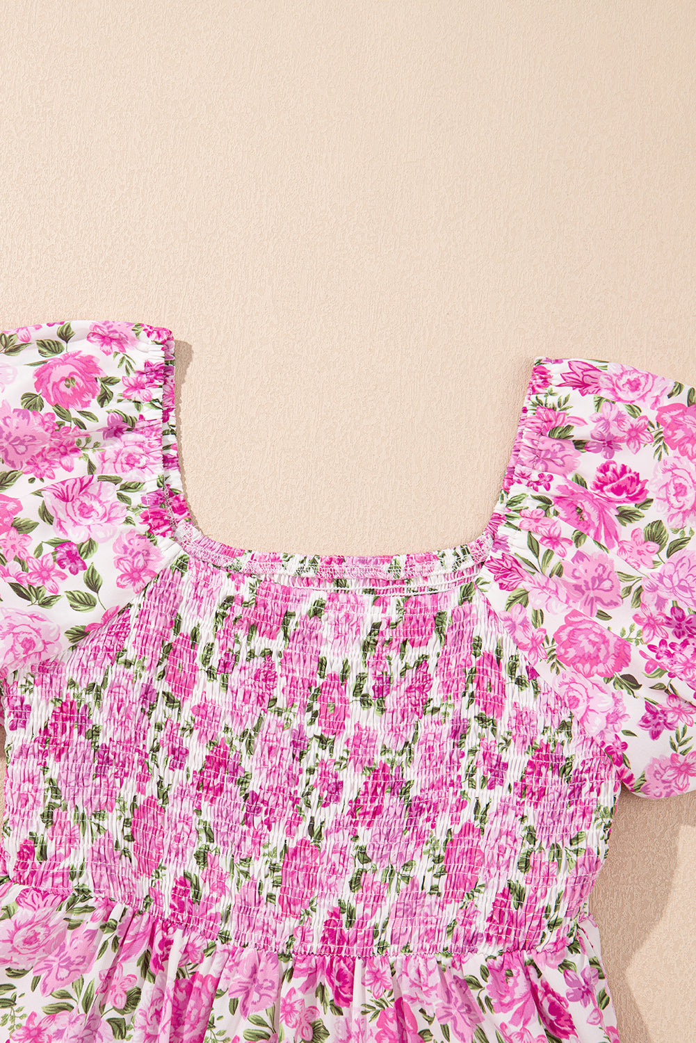 Pink Floral Smocked Puff Sleeve Flowy Midi Dress