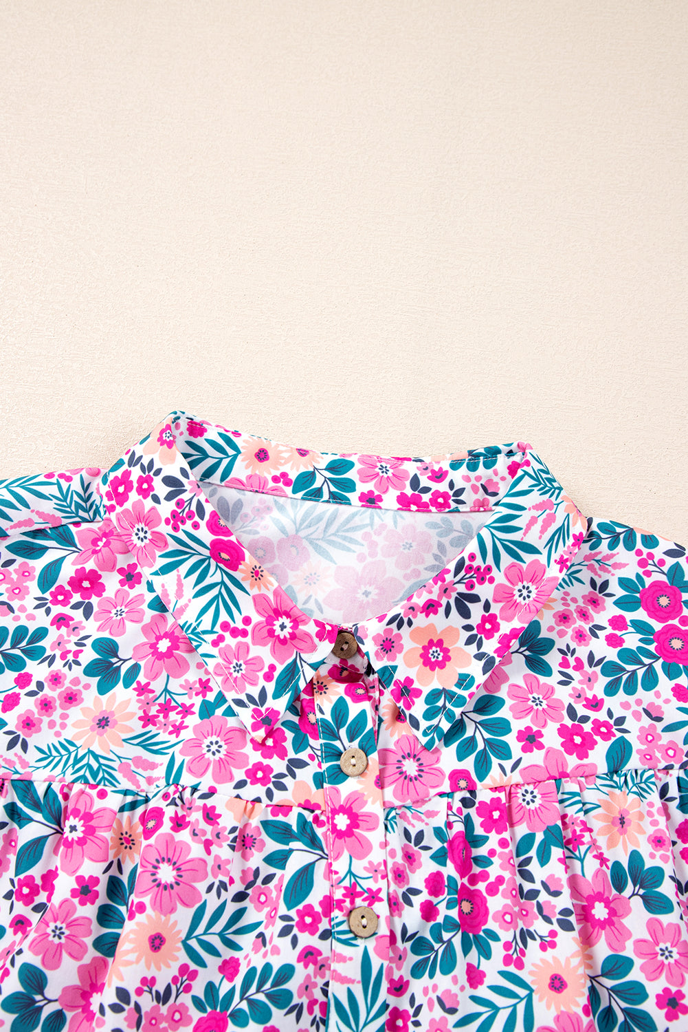 PLUS SIZE- Pink Floral Half Button Puff Sleeve A Line Dress
