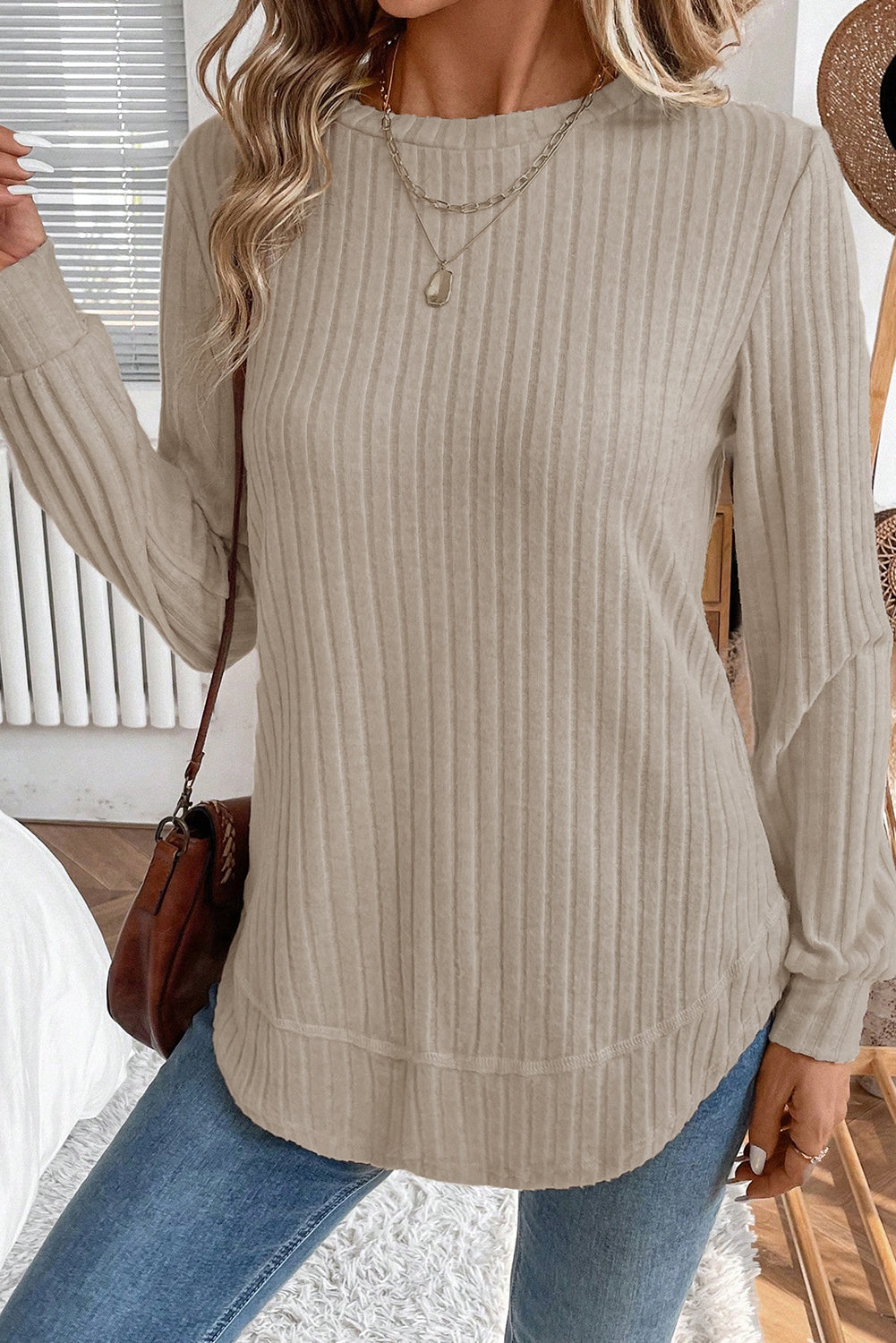 Ribbed Texture Round Neck Long Sleeve Rounded Hem Top -3 COLOR OPTIONS