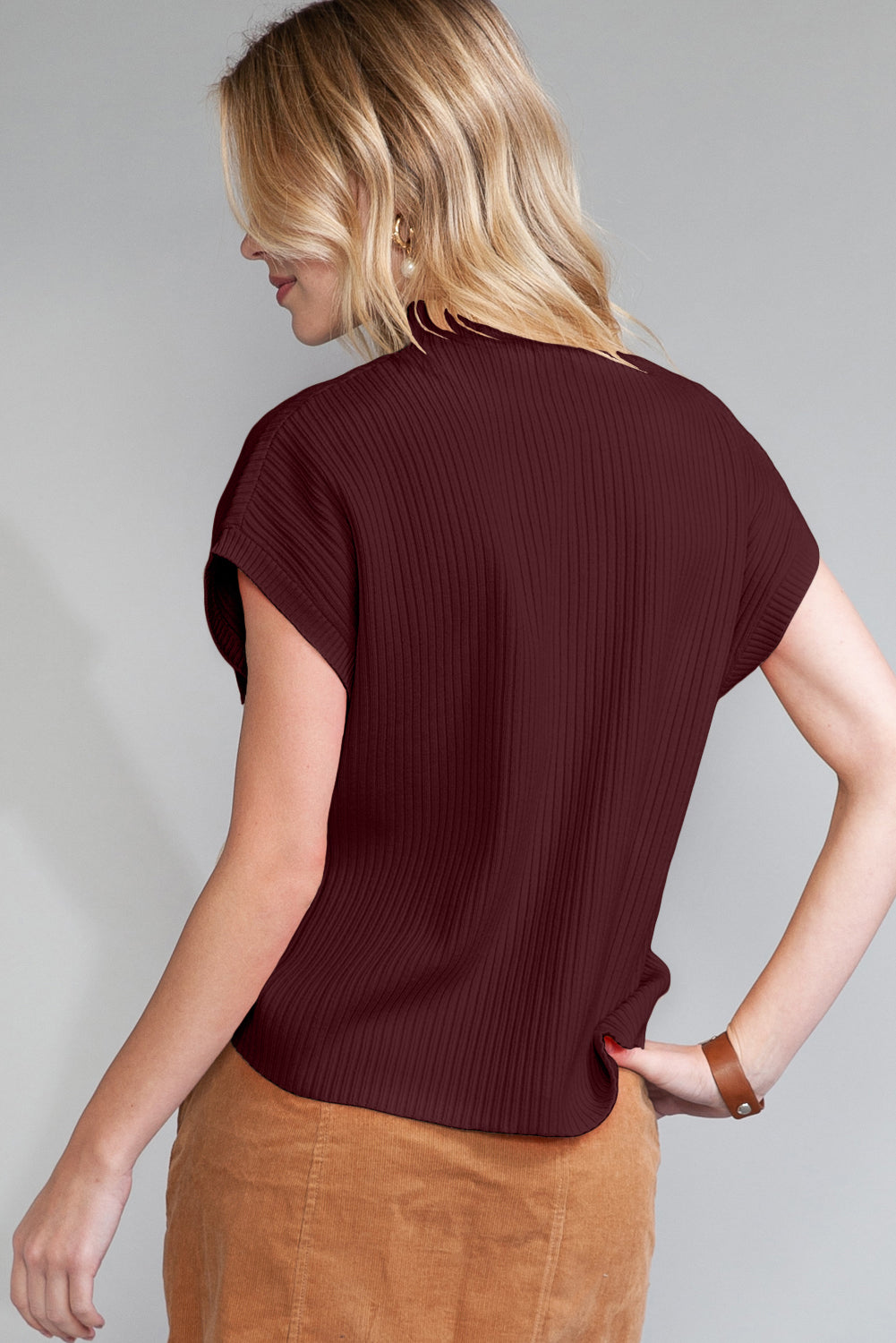 Patch Pocket Ribbed Knit Short Sleeve Sweater - 8 COLOR OPTIONS