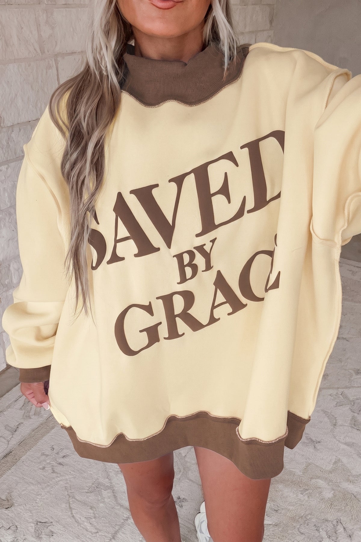 Saved By Grace Print Color Block Mock Neck Oversized Sweatshirt -2 COLOR OPTIONS