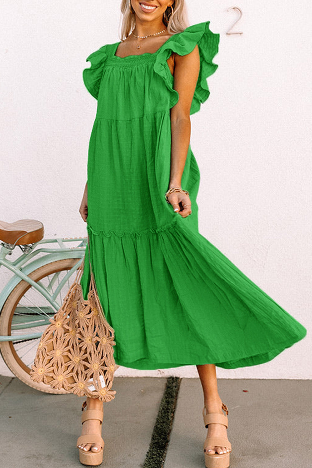 Green Ruffled Flutter Sleeve Square Neck Textured Tiered Maxi Dress