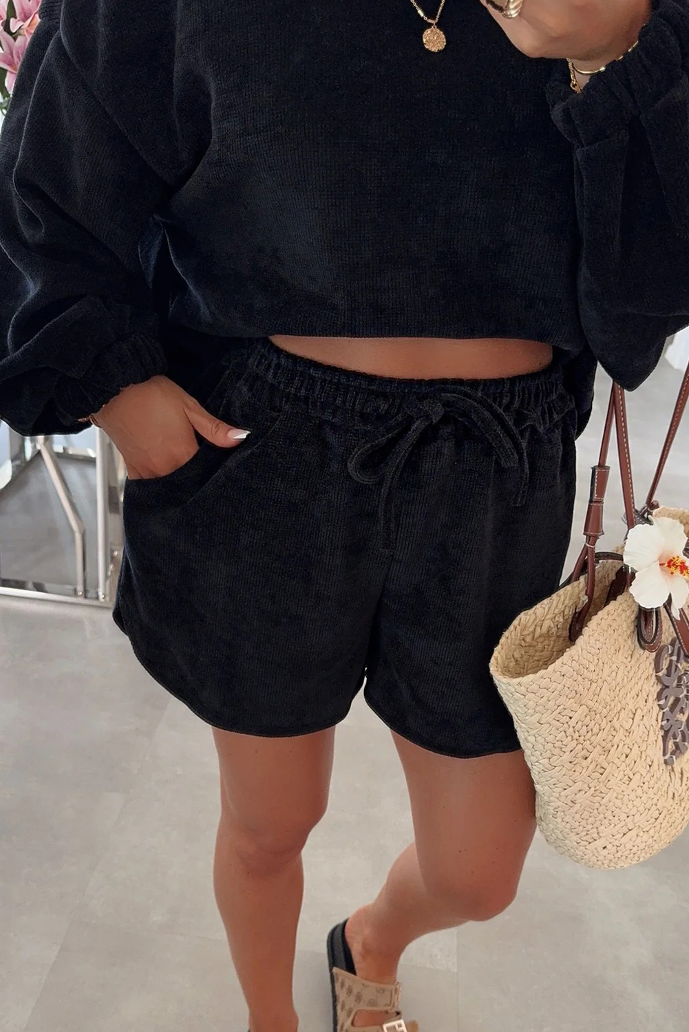 Textured Knit Drop Shoulder Pullover Drawstring Shorts Set -4 COLOR OPTIONS