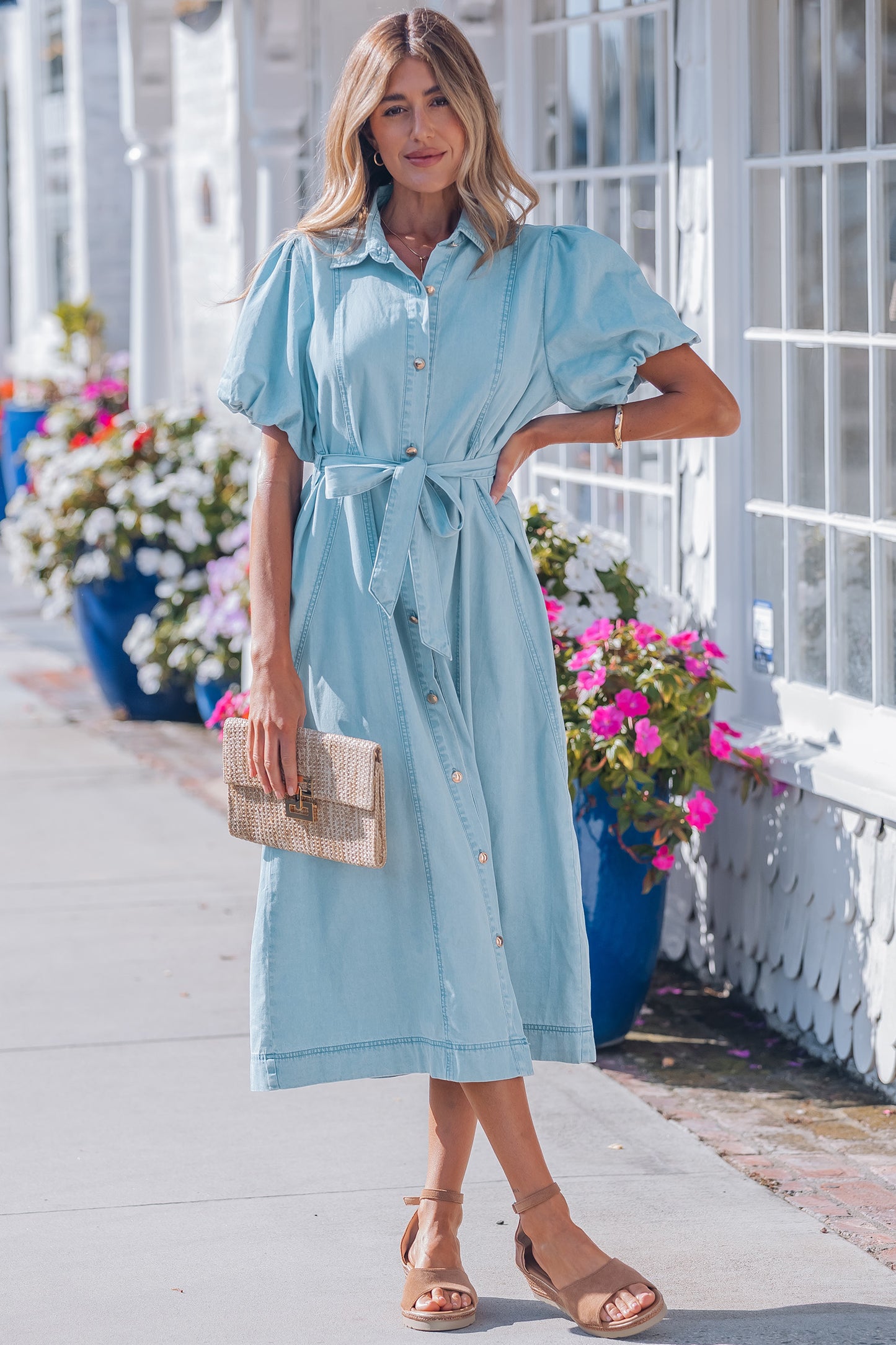 Sail Blue Full Buttons Collared Short Bubble Sleeve Long Denim Dress -2 COLOR OPTIONS