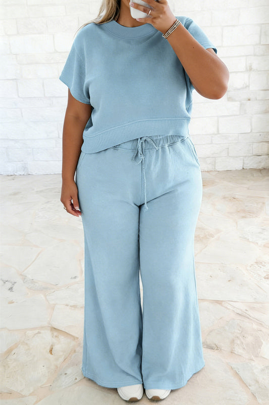 PLUS SIZE Solid Color Ribbed Trim Short Sleeve Top Drawstring Loose Pants 2pcs Outfit- 2 COLOR OPTIONS
