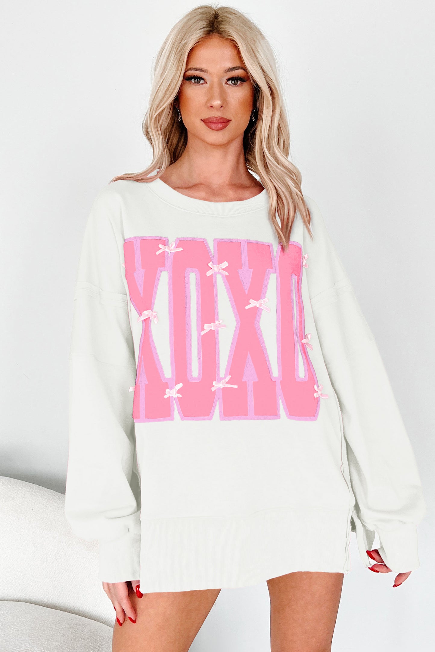 Bow Sequin XOXO Letter Graphic Exposed Seam Baggy Sweatshirt -3 COLOR OPTIONS