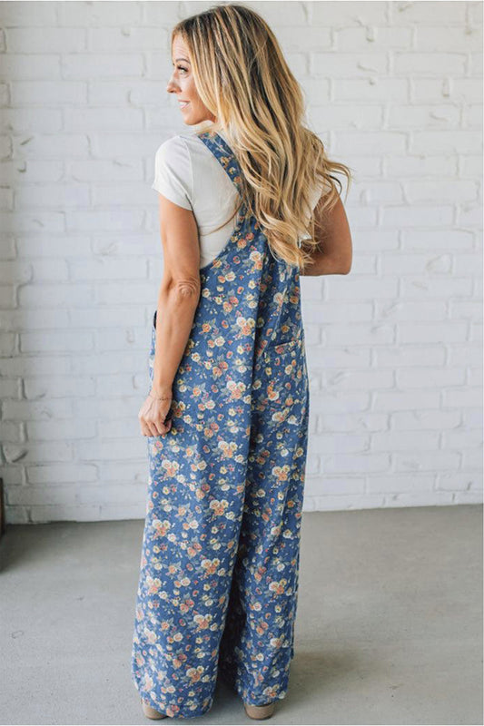 Blue Vintage Rose Printed Pleated Loose Denim Overall Jumpsuit