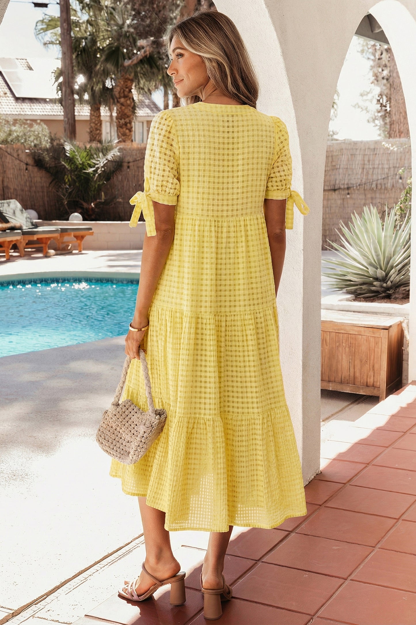 Gingham Textured Bow Tie Short Sleeve Tiered Midi Dress- 2 COLOR OPTIONS