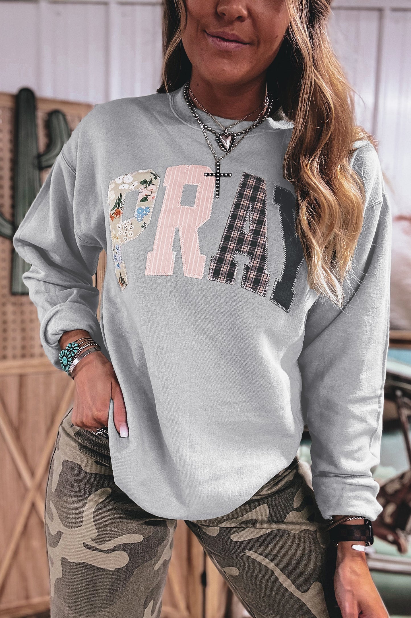 PRAY Embroidered Patch Western Pullover Sweatshirt -2 COLOR OPTIONS