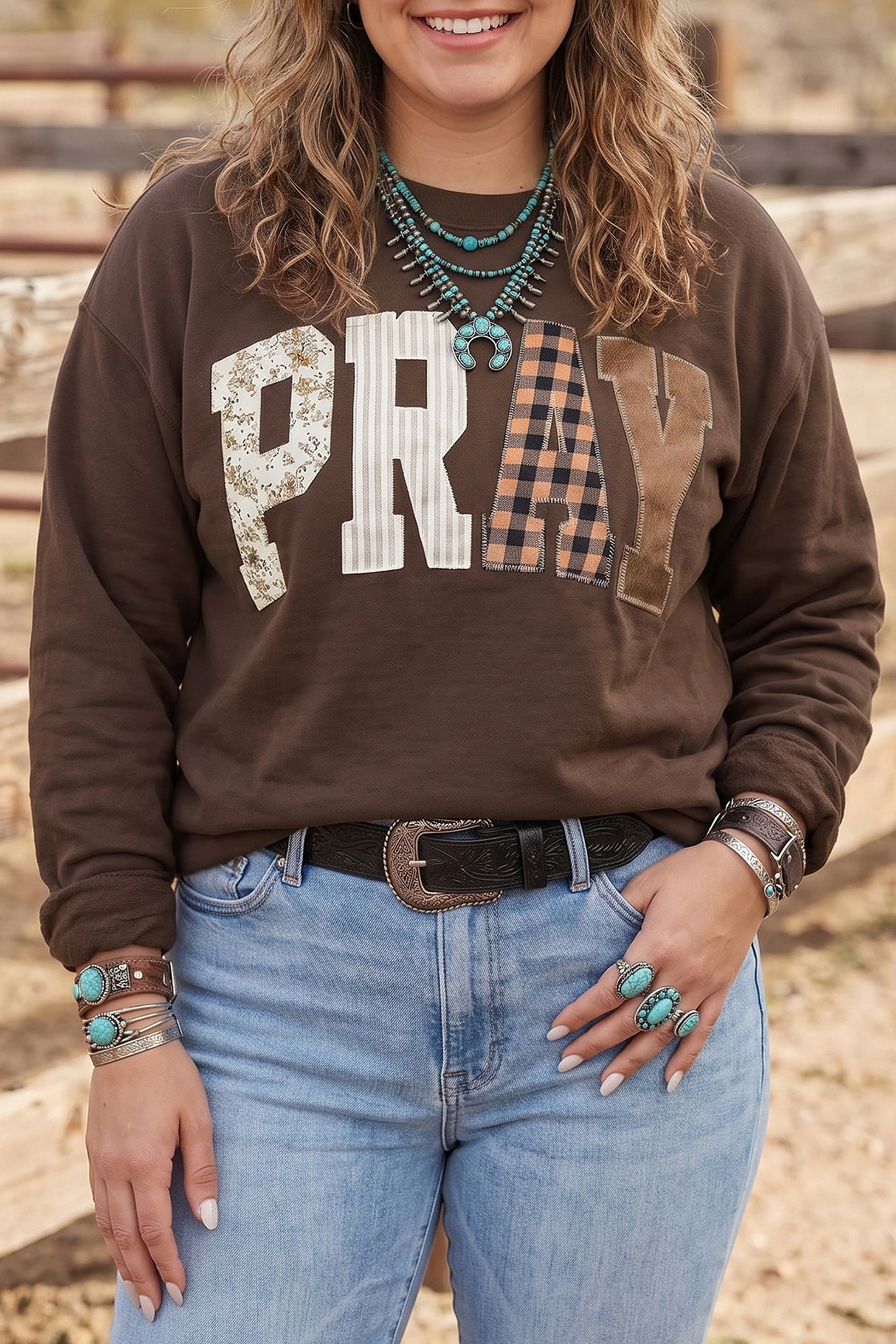 PLUS SIZE -Coffee PRAY Letter Patchwork Round Neck Long Sleeve Plus Size Sweatshirt