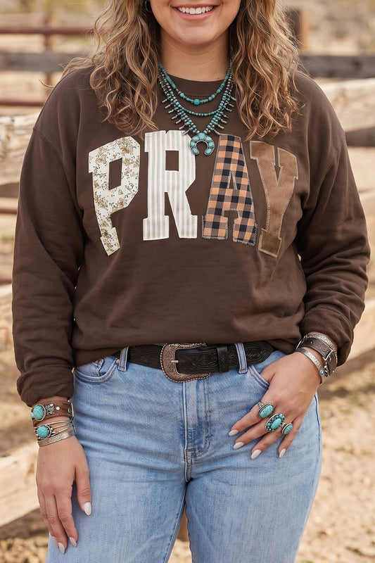 PLUS SIZE -Coffee PRAY Letter Patchwork Round Neck Long Sleeve Plus Size Sweatshirt