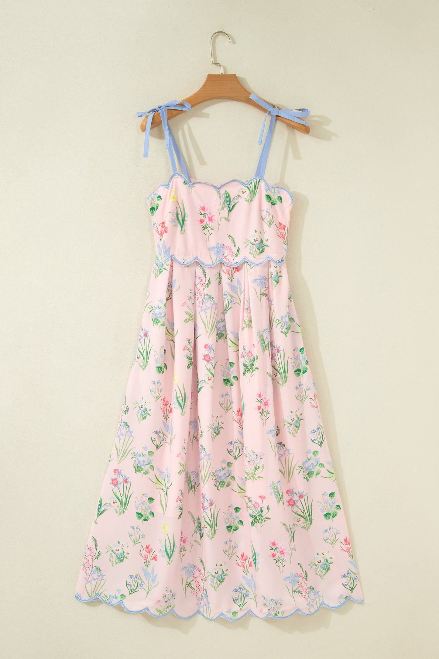 Floral Print Contrast Trim Self-tie Straps High Waist Midi Dress -3 COLOR OPTIONS