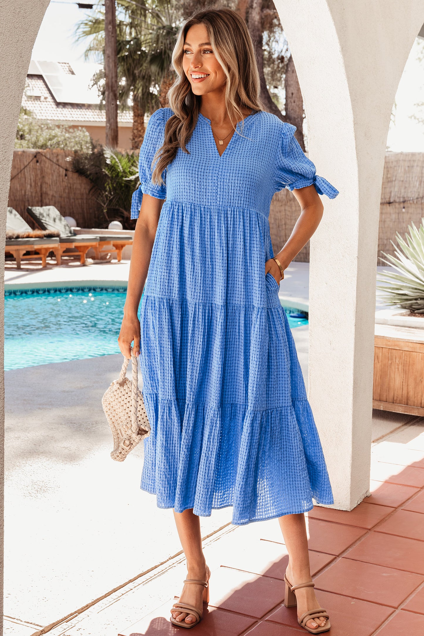 Gingham Textured Bow Tie Short Sleeve Tiered Midi Dress- 2 COLOR OPTIONS