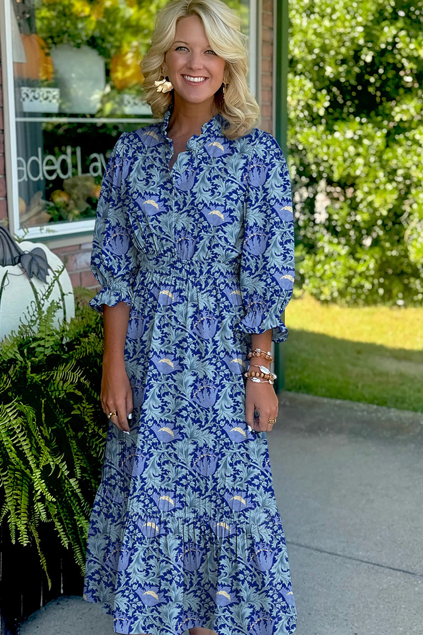 Floral Printed Frilled V Neck Bracelet Sleeve Long Dress -2 COLOR OPTIONS