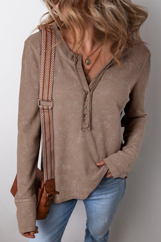 Coffee Button V Neck Waffle Knit Top