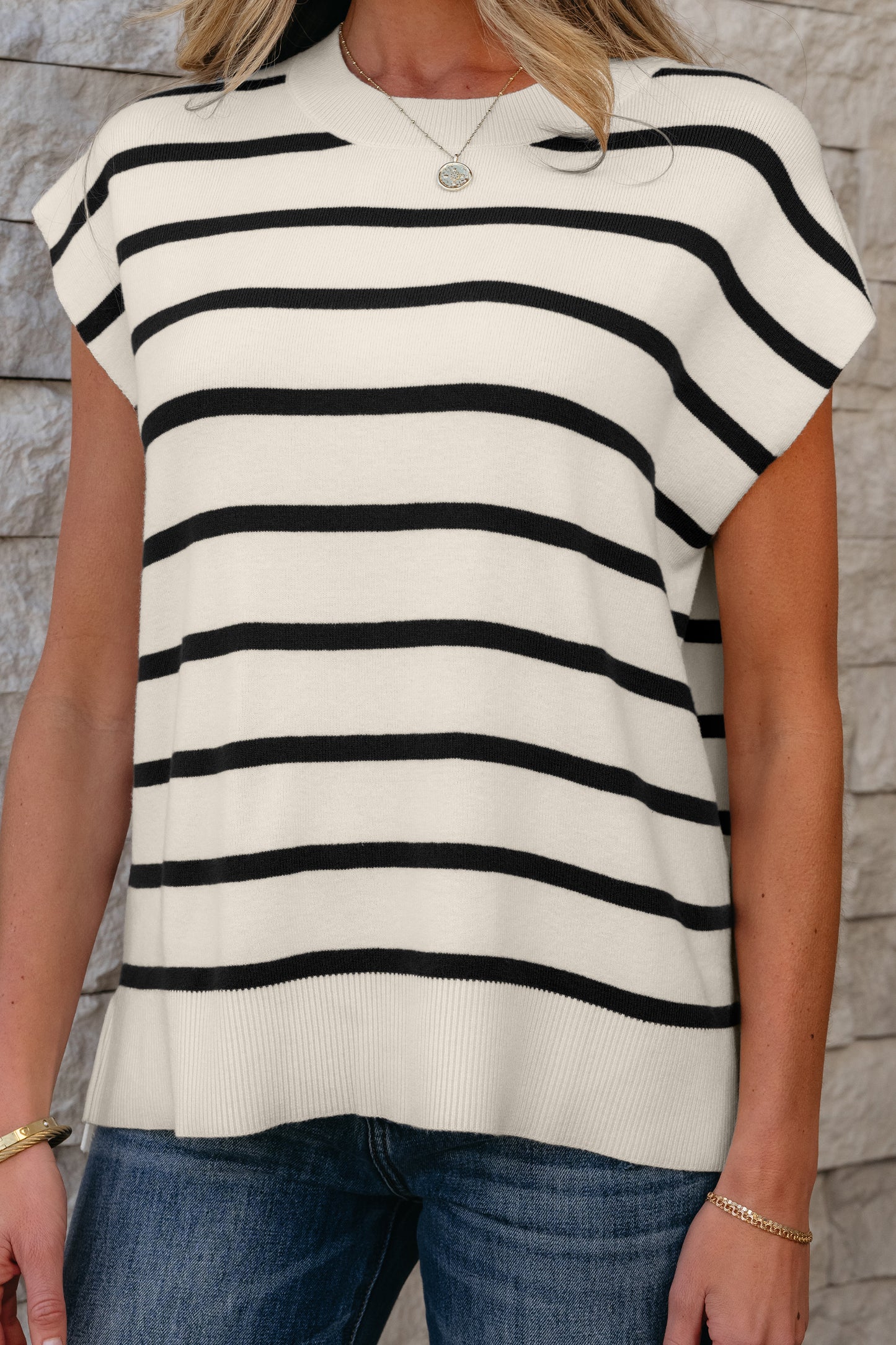 Side Slits Crewneck Short Sleeve Sweater Tee -2 COLOR OPTIONS