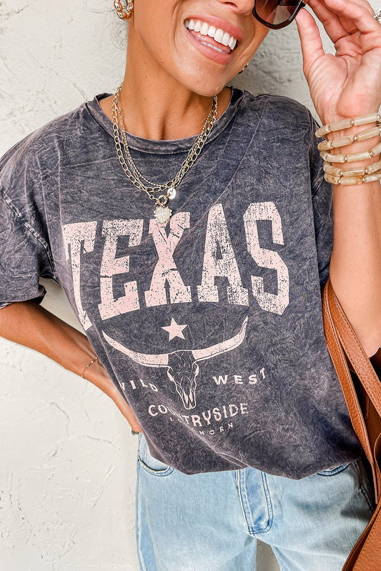 TEXAS Steer Head Graphic Mineral Wash Oversized T Shirt