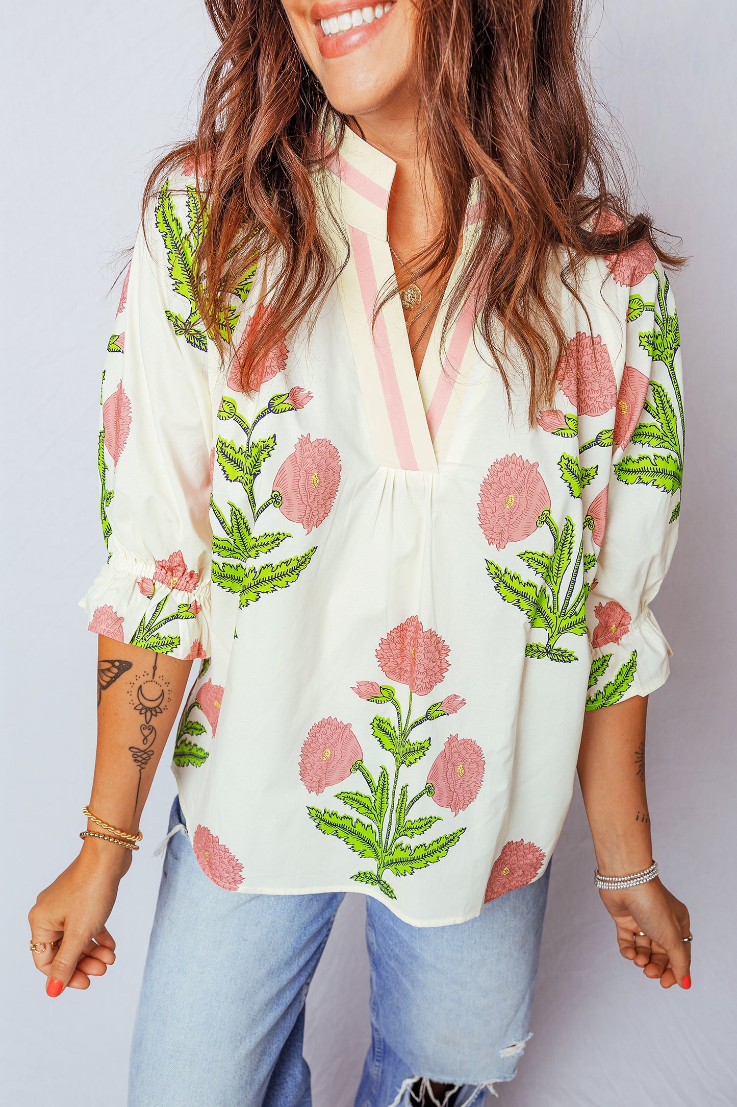 Casual Wild Flower Print V Neck 3/4 Sleeve Blouse - 3 COLOR OPTIONS