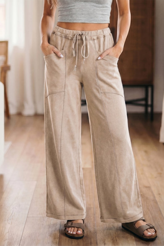 Mineral Wash Drawstring Retro High Waist Wide Leg Western Pants -2 COLOR OPTIONS