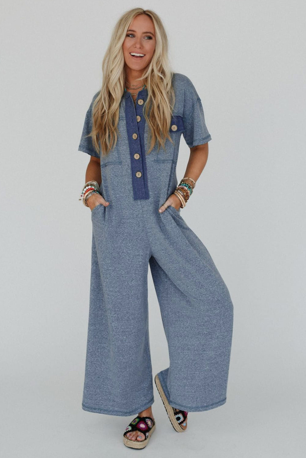 Patchwork Pocket Short Sleeve Jumpsuit- 2 COLOR OPTIONS