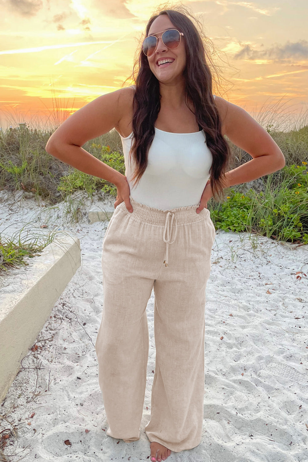 PLUS SIZE -Beige Frill Smocked Waist Wide Leg Plus Size Pants