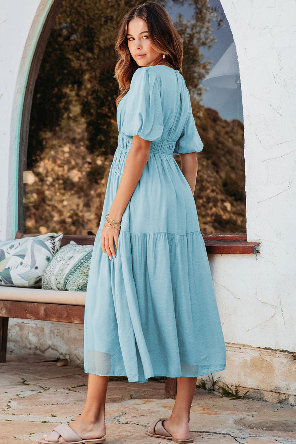 Puff Sleeve High Waist Flowy Midi Dress -2 COLOR OPTIONS
