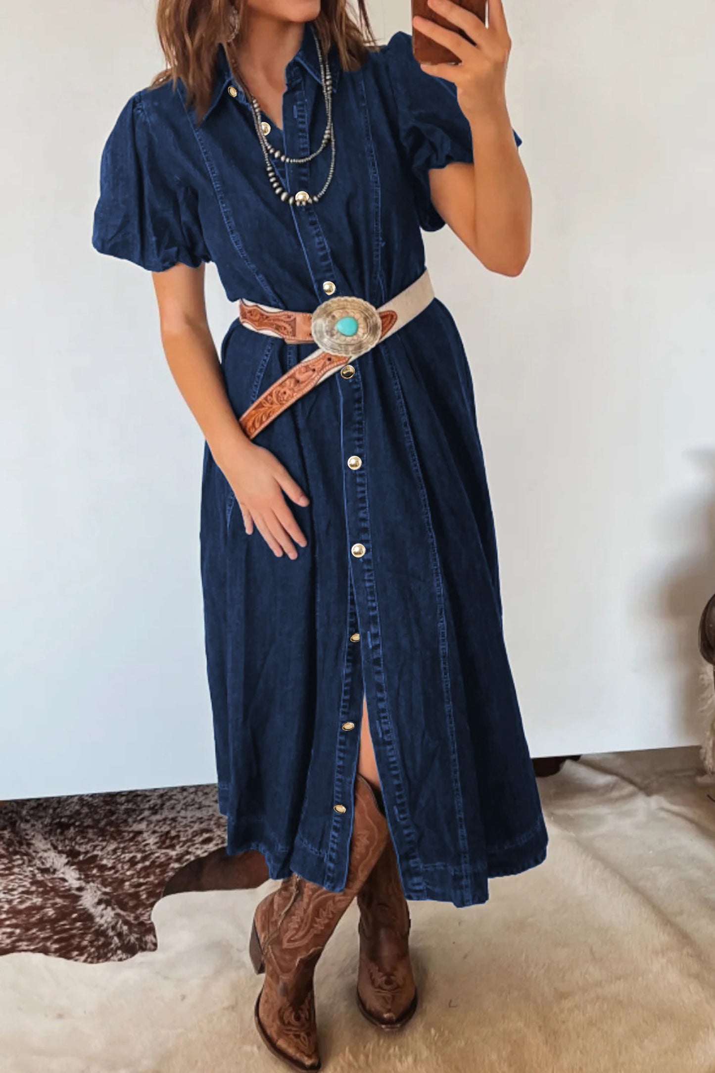 Sail Blue Full Buttons Collared Short Bubble Sleeve Long Denim Dress -2 COLOR OPTIONS