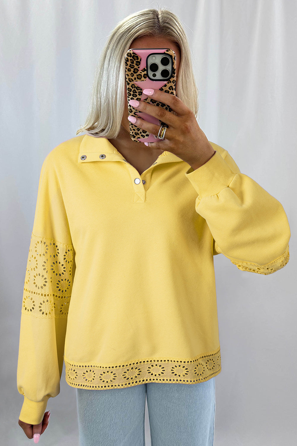 Embroidered Flower Patchwork Snap Buttons Pullover Sweatshirt -2 COLOR OPTIONS