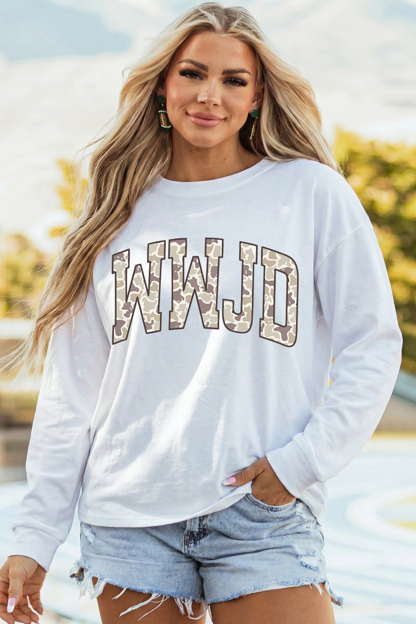 WWJD Camo Letter Printed Long Sleeve Top
