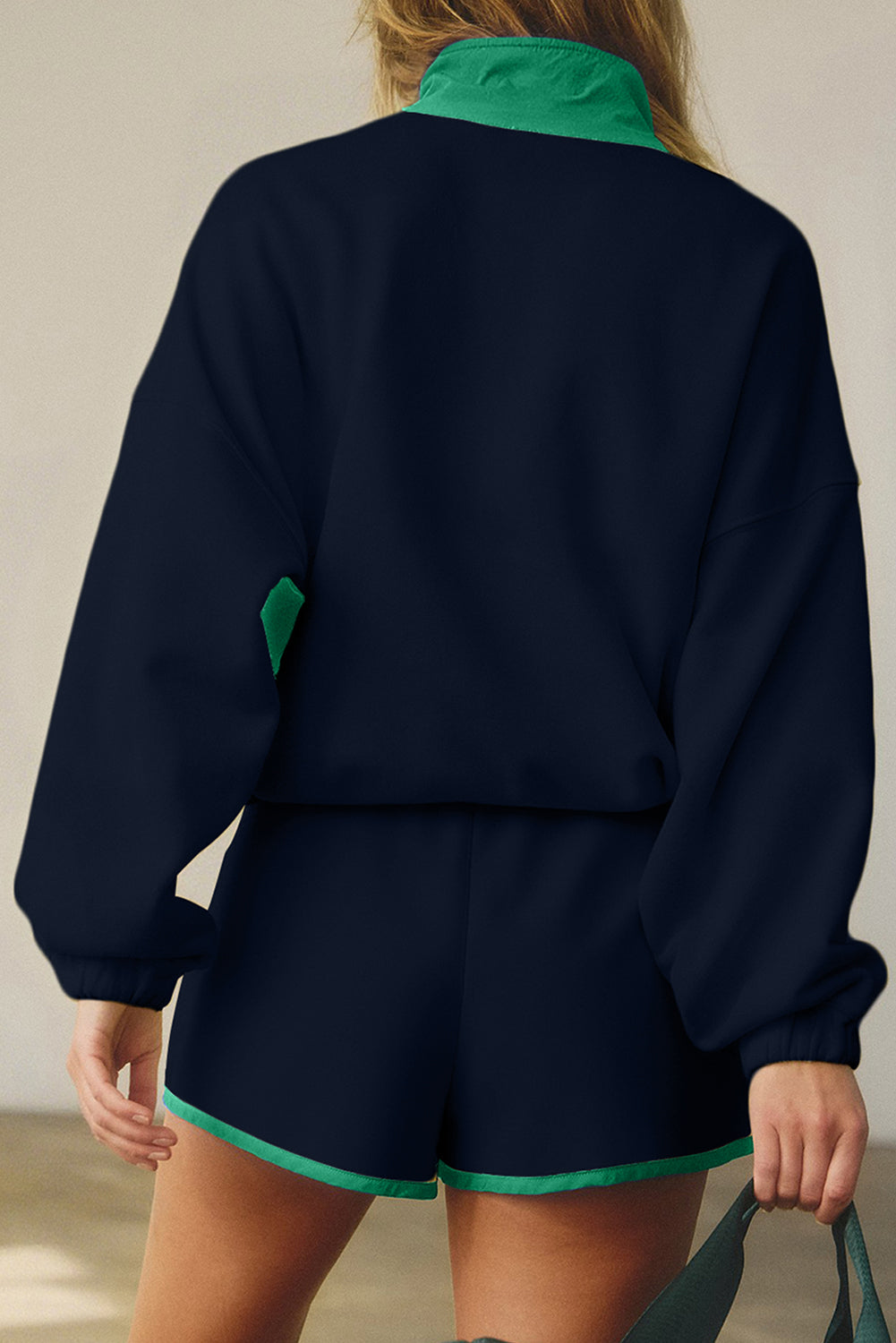 Colorblock Patchwork Half Button Pullover and Shorts Outfit- 4 COLOR OPTIONS