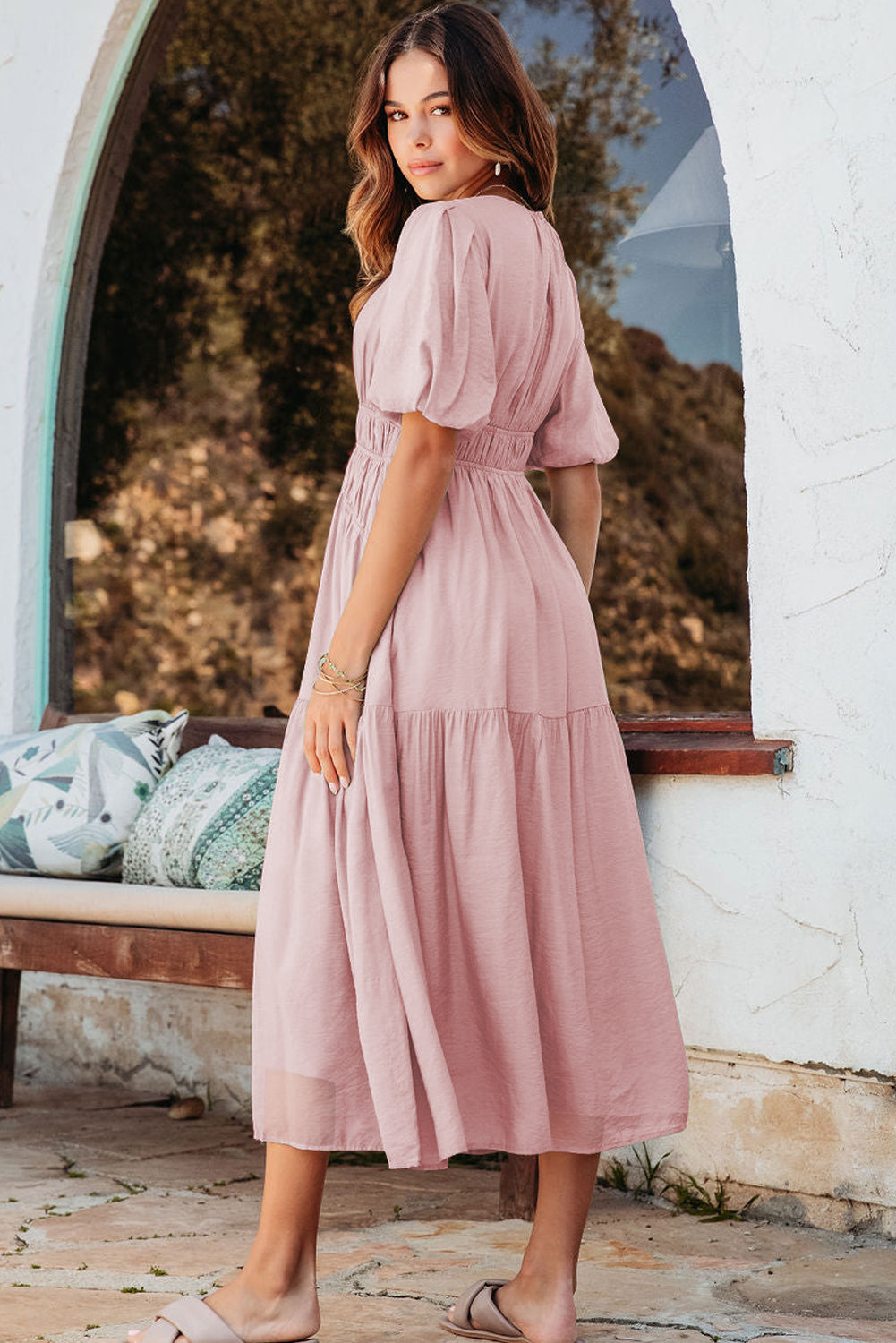 Puff Sleeve High Waist Flowy Midi Dress -2 COLOR OPTIONS
